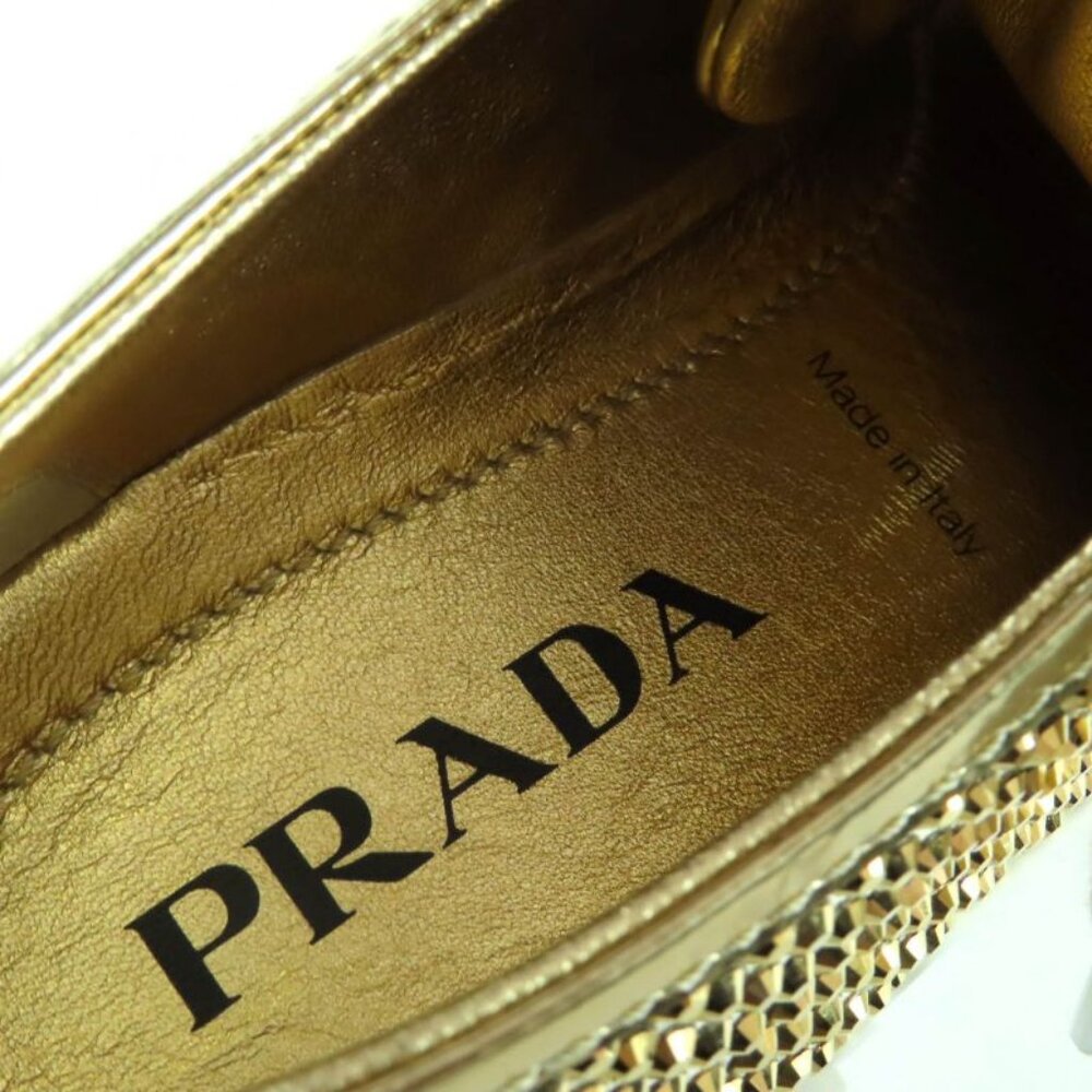 Prada Double Wheel Triangle Logo with Rhinestone Leather Low Cut Sneakers Gold - Picture 10 of 11